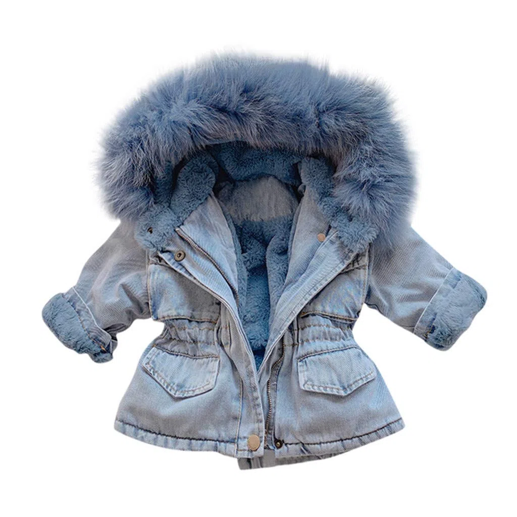 Enfants Fille Manteau dn Denim Manches Longues à Capuche avec Col Fourrure Veste en Jean Rembourré Blouson de Fille Chaude d'hiver avec Fermeture éClair pour Âge 1-6Ans