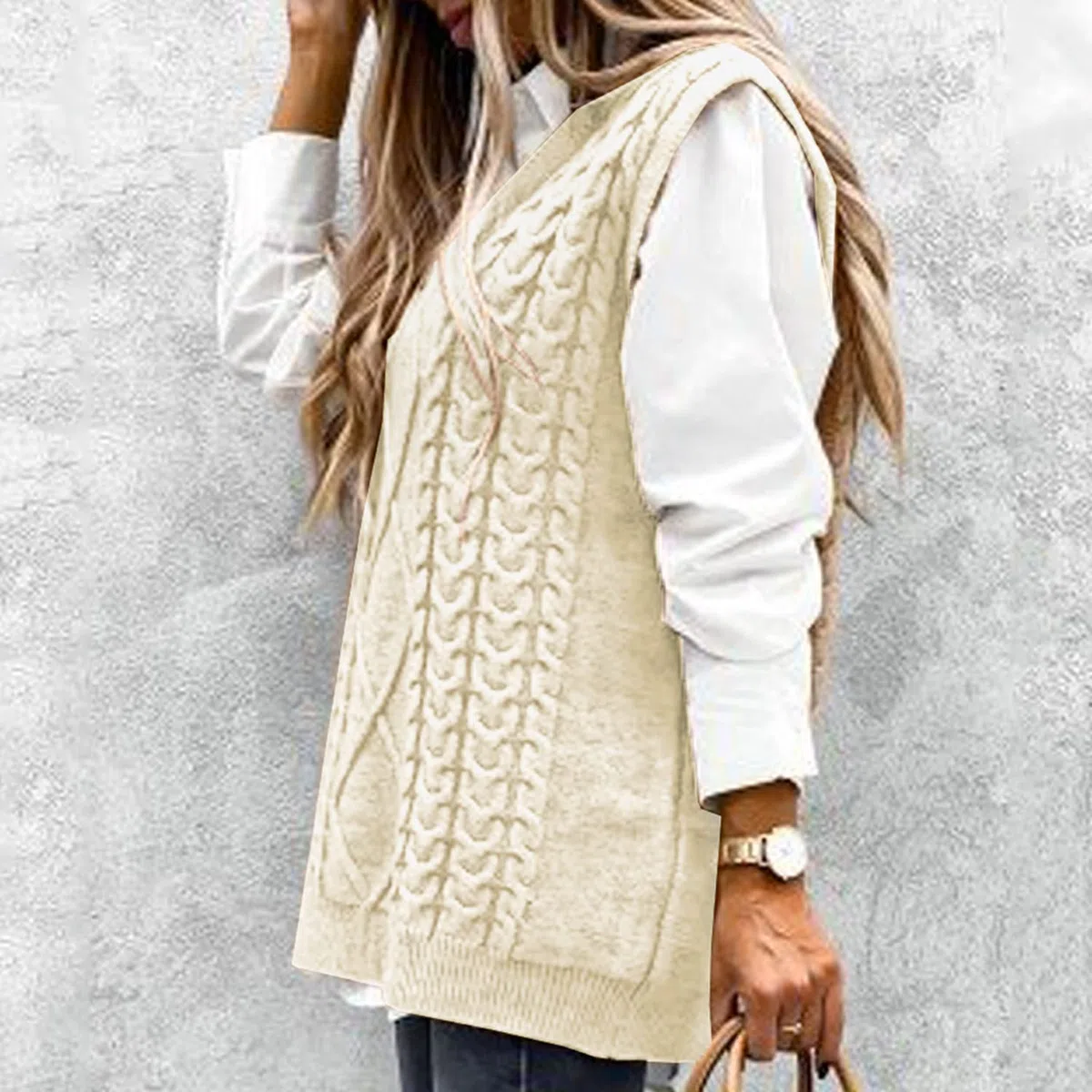 Voqeen Pull Femme Gilet en Tricot sans Manches Blouson Col V Pullover Chandail Chaud Bureau Tops Automne Hiver Veste Sweater Simple Cadeaux de Noël La Saint-Valentin Anniversaire