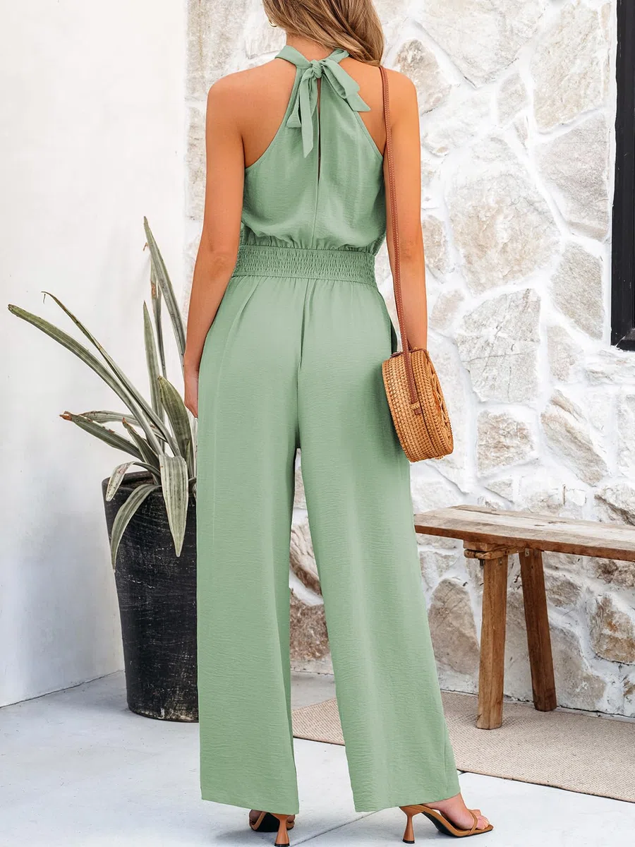 CUPSHE Combinaison d'été pour femme - Col croisé - Sans manches - Taille smockée - Longue jambe large - Tenue décontractée