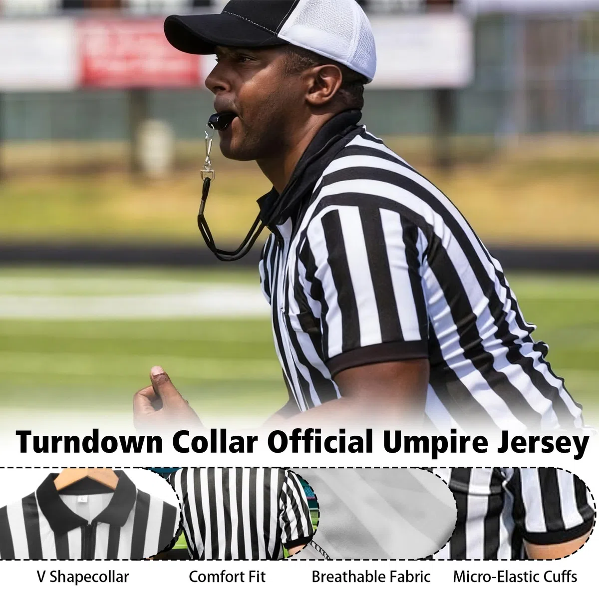 Mens Official Umpire Jersey Stripe Overturned Collar Ref Uniform Referee Shirt for Basketball Football Soccer