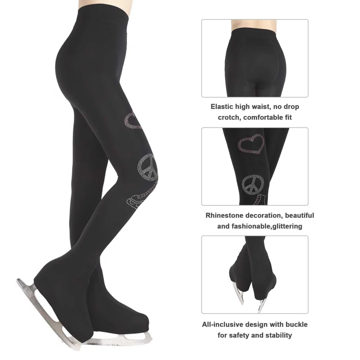Pantalon de Patinage Artistique Brillants pour Enfant et Adulte, Legging Collants avec Doublure Polaire, avec Double Boucles et Cristal Scintillant