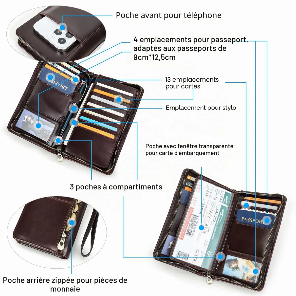 Contacts Hommes En Cuir Véritable Portefeuille Zipper Chéquier Titulaire Argent Billets Voyage Passeport Titulaire De La Carte Pochette Grande Capacité