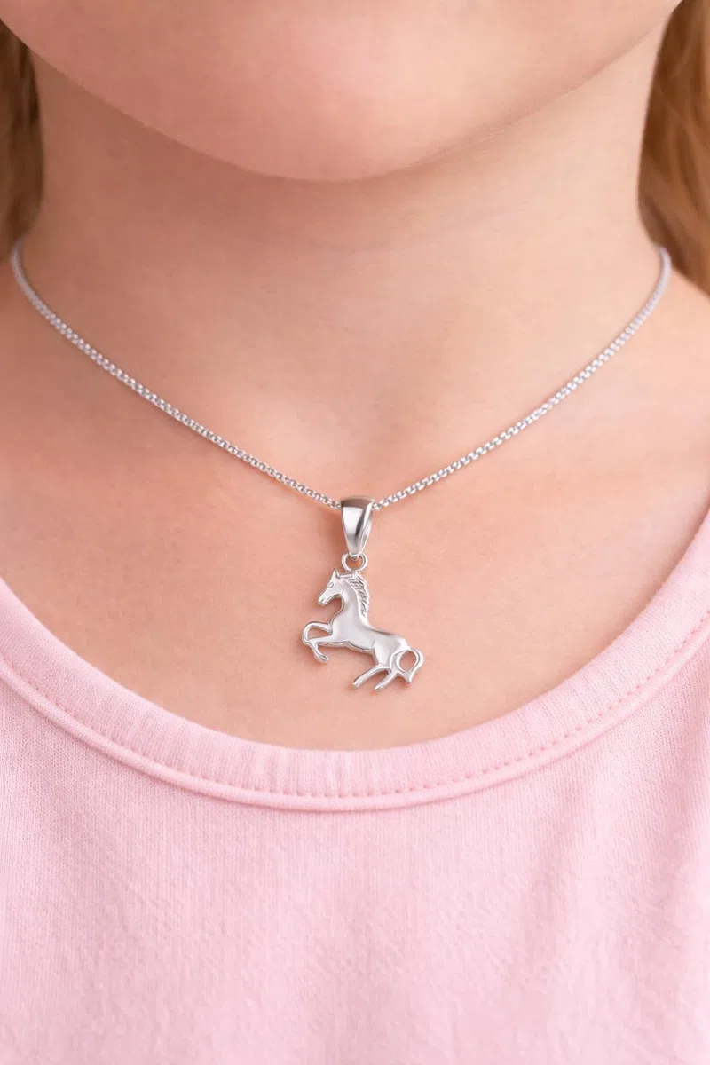 Pendentif avec chaîne et boucles d'oreilles pour enfant en argent 925 - Cheval poney - Dans un étui à bijoux