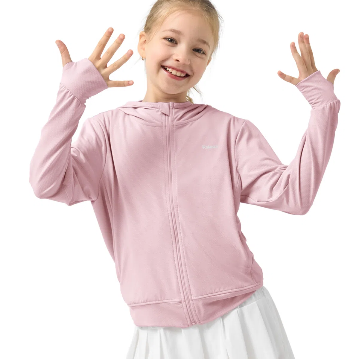 Rolanko Veste Fille à Manches Longues Protection Estivale Contre les Rayons UV Capuche à Séchage Rapide Avec Trous pour Les Pouce pour Enfants