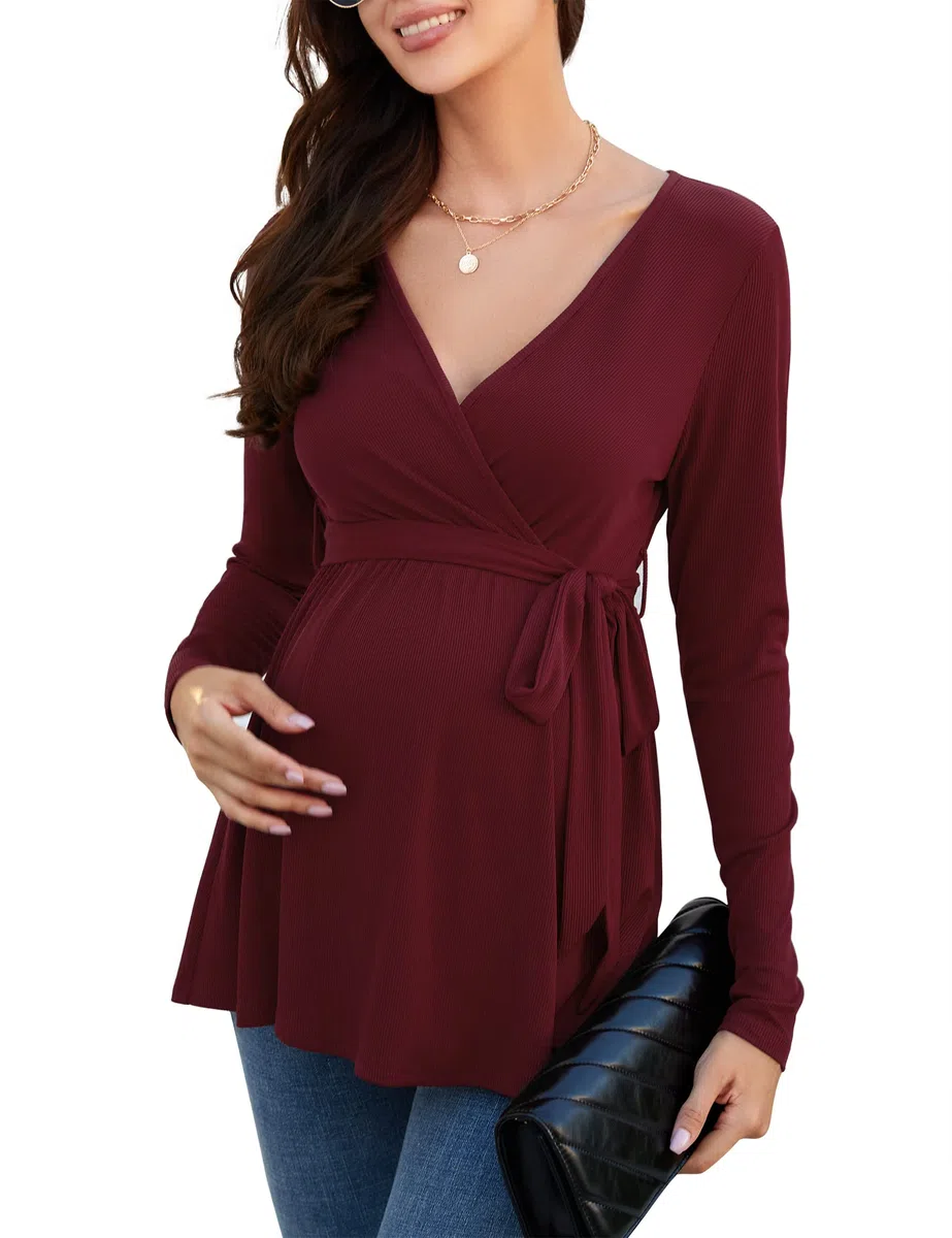 KOJOOIN Chemise d'allaitement pour Femme Chemise De Maternité Col en V À Manches Longues Hauts d'allaitement avec Ceinture Vêtements De Maternité