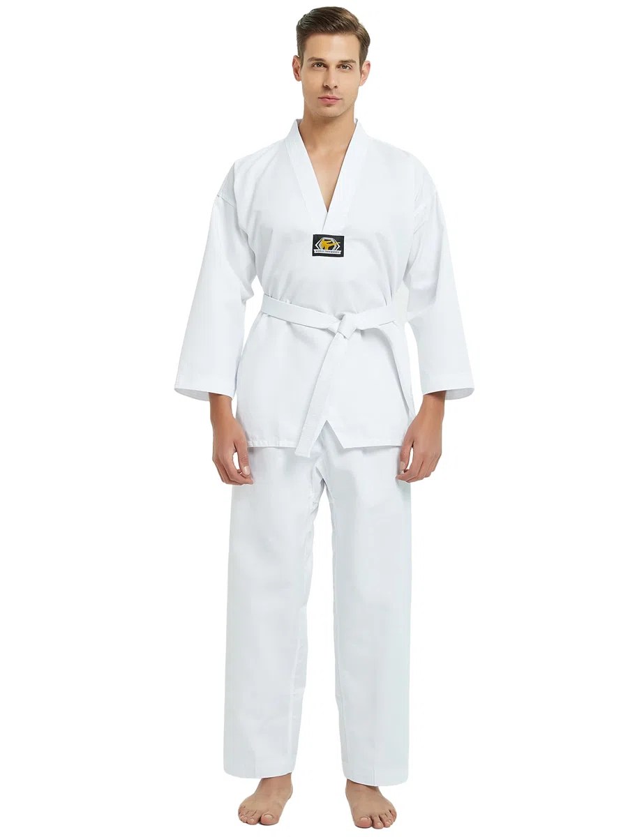 TOPTIE Uniforme de Taekwondo à col en V pour Enfants et Adultes, Uniforme d'étudiant TKD Dobok, Uniforme d'arts Martiaux avec Ceinture