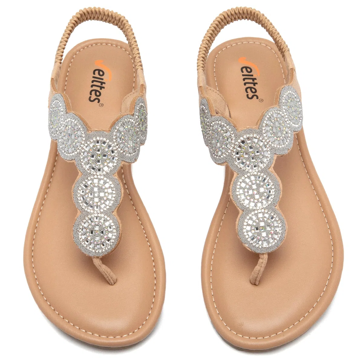 Veittes sandales boho plates pour femmes -Sandales élégantes et confortables à bride élastique arrière, à sabot ouvert sandales tong d’été avec strass et sangle de cheville