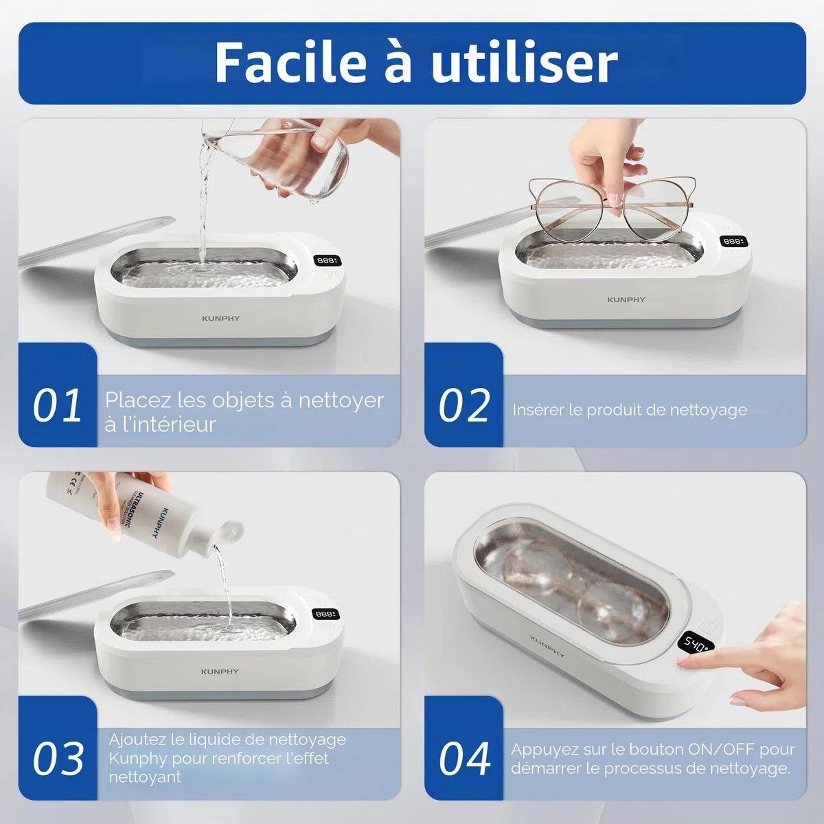 Kunphy Nettoyeur ultrasons, 48000 Hz Nettoyeur à Ultrasons 350 ML avec minuterie numérique, Ultrasonic Cleaner pour lunettes, bijoux, attelles dentaires, pièces de monnaie