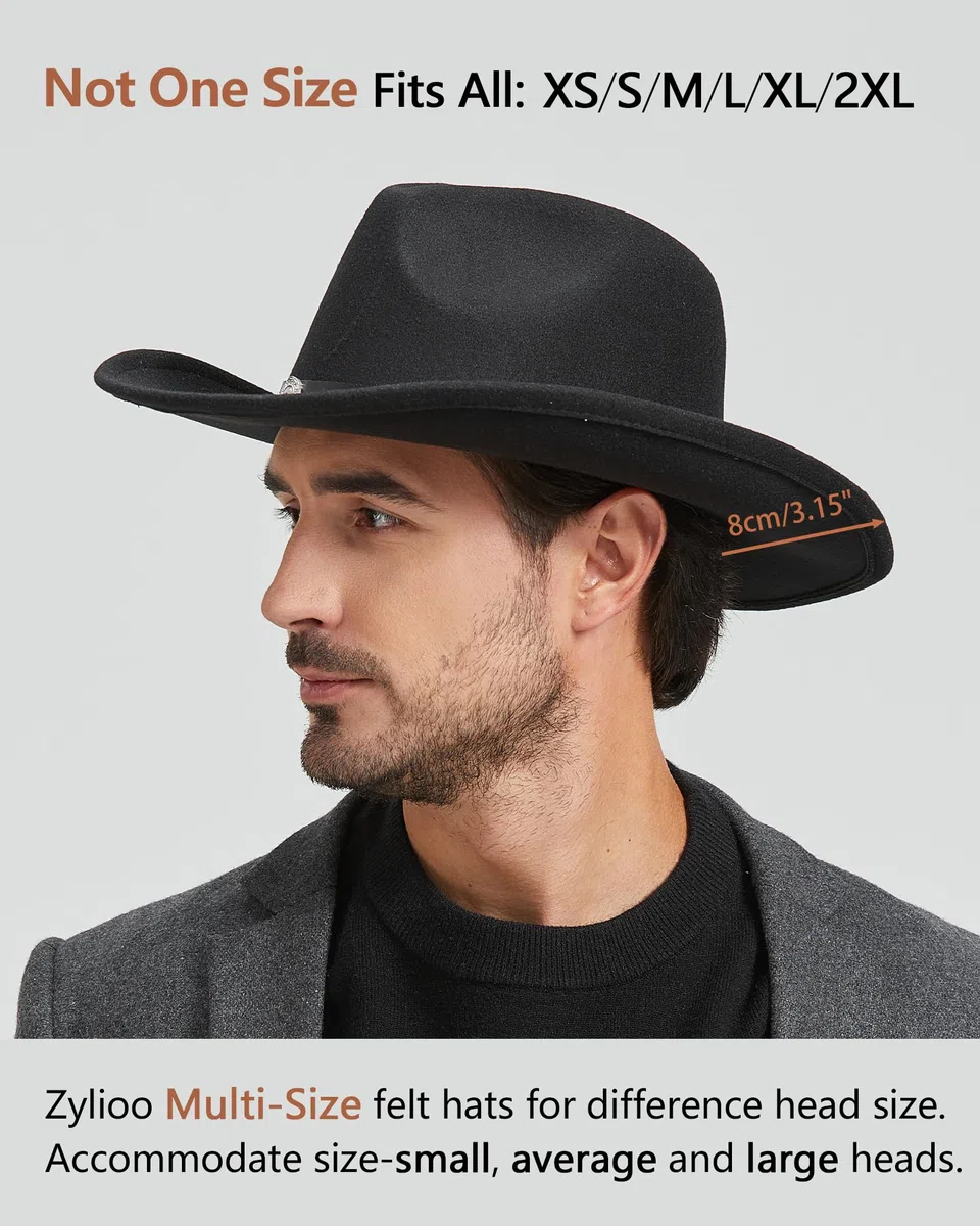 Zylioo S/M/L/XL/XXL Chapeau Cowboy Western en Feutre pour Grande ou Petite Tête, Chapeau Fedora à Large Bord avec Boucle, Chapeau Panama Homme Femme Élégant Style Classique Été Automne
