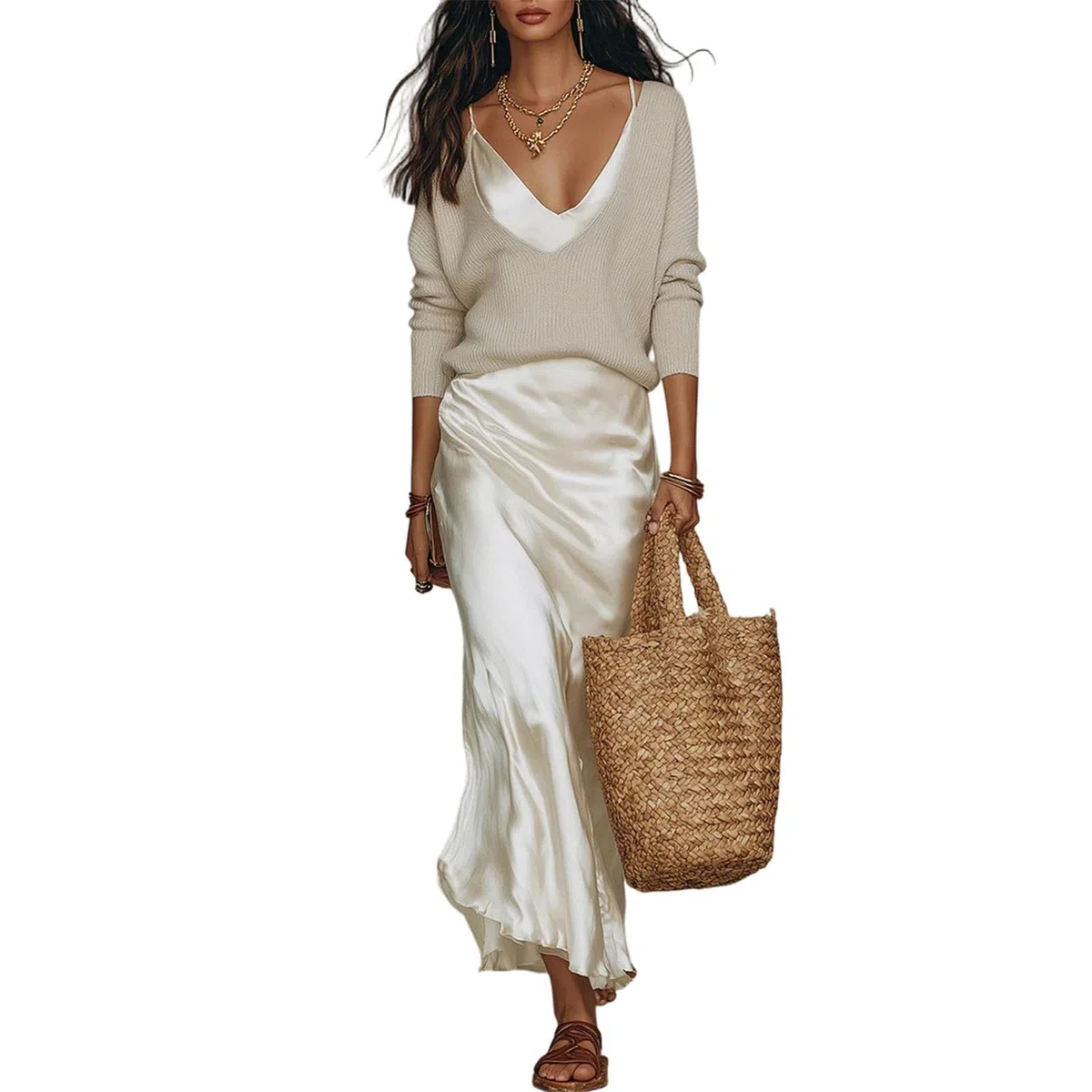 Générique Ensembles D'été 2 Pièces Pour Femmes : Hauts En Maille À Col En V Et Robes Maxi En Satin, Parfaits Pour Les Invitées De Mariage Et Les Soirées