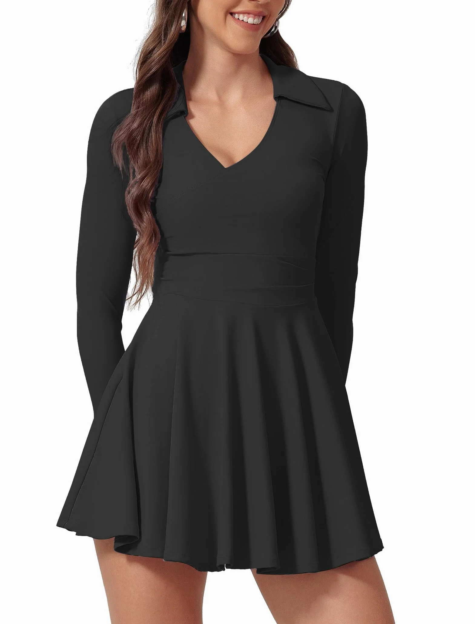 Robe de tennis pour femme - Manches longues - Col en V - Robe polo avec poche short - 2 pièces - Tenue de tennis - Mini robe de sport - Robe de tennis - Robe d'entraînement