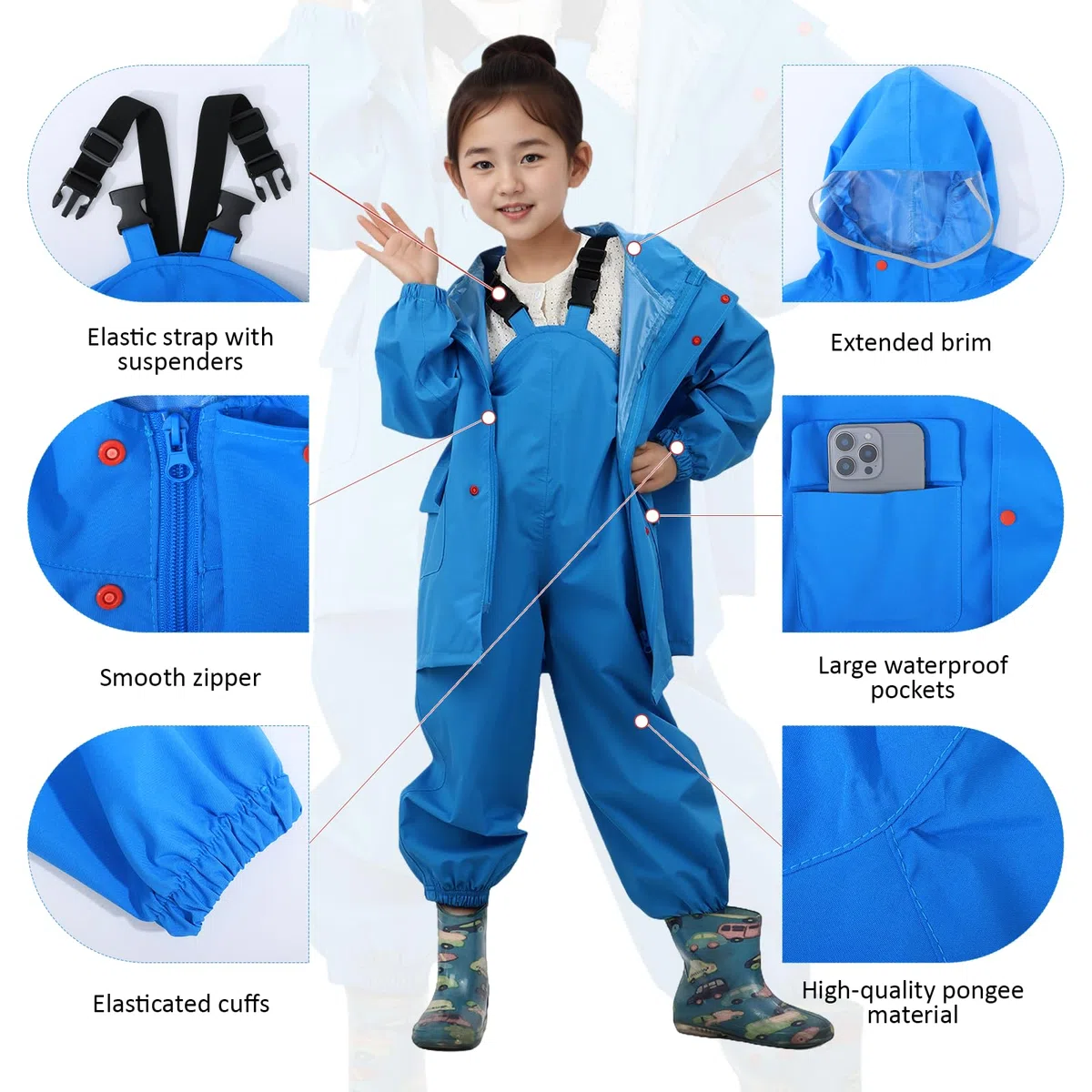 Unisexe Enfants Imperméables Veste Imperméable avec Jarretelles Pantalon De Pluie Léger À Capuche En Plein Air Pour Enfants Pour Garçon Et Fille