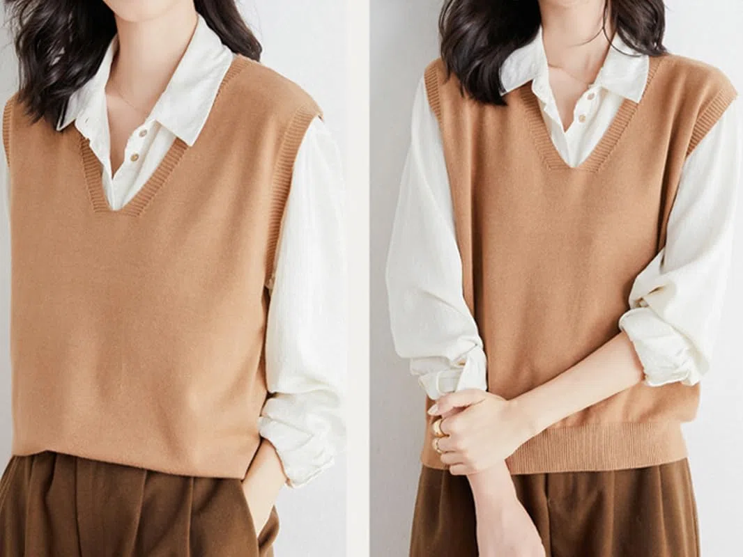 Pull sans manches pour femme, pull en laine mélangée pour femme, décontracté, couleur unie, col en V, débardeur tricoté doux