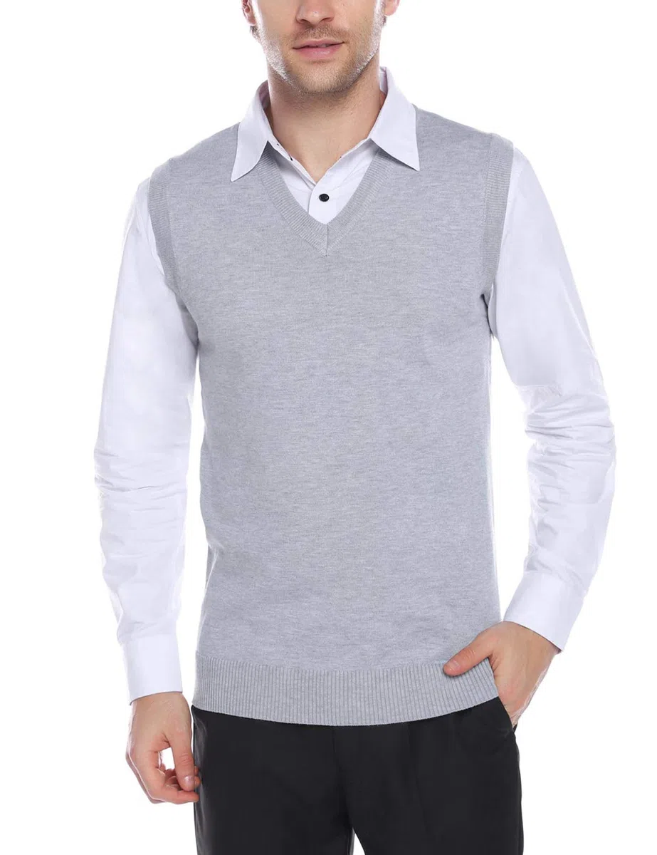 iClosam Pull Homme sans Manche Pullover Homme Hiver Classique Pulls Col V Business Tricoté en Maille Chemise Tricoté Débardeurs