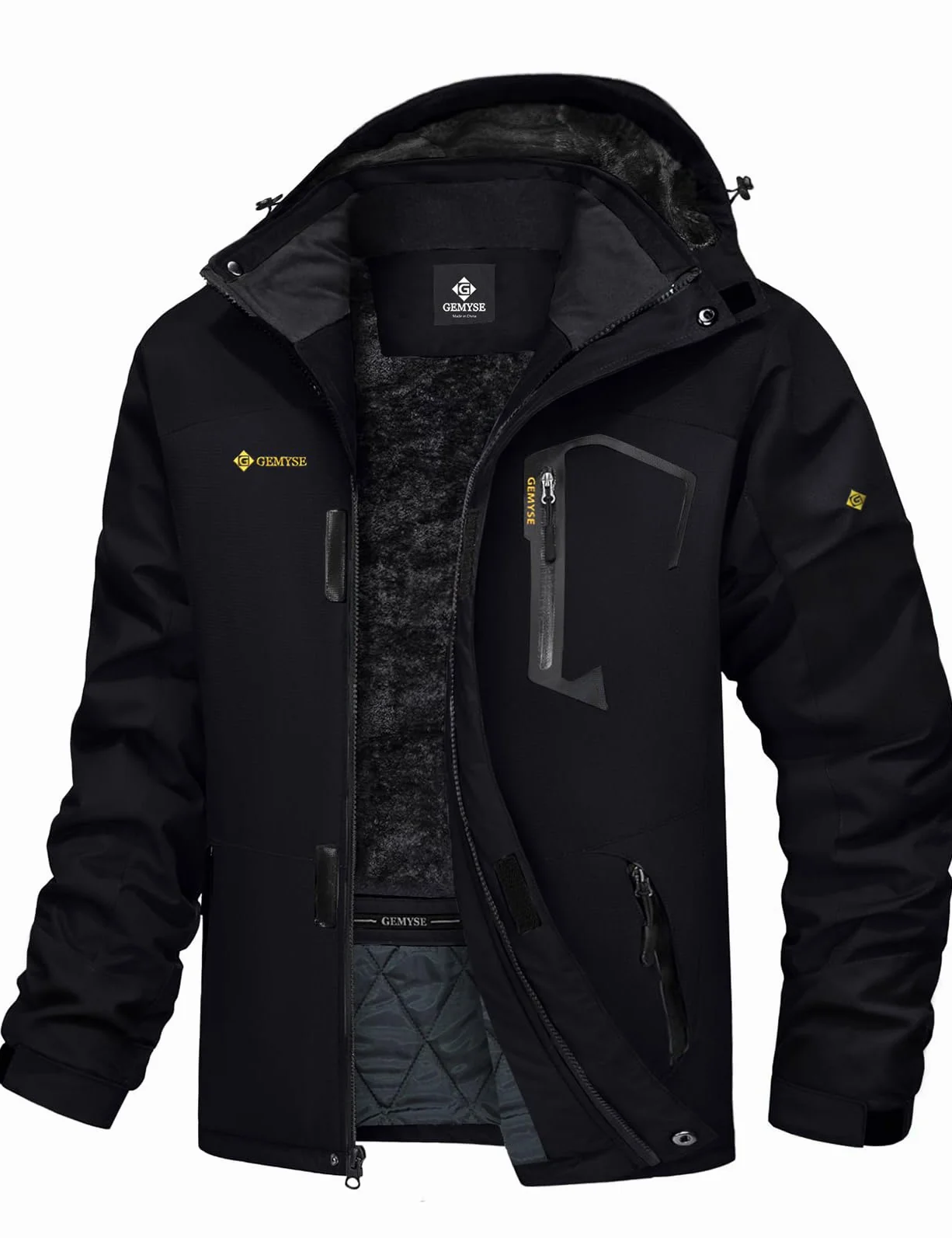 GEMYSE Homme Veste de Ski Imperméable de Montagne Manteau d'hiver Extérieur en Polaire Coupe-Vent avec Capuche(Noire,M)
