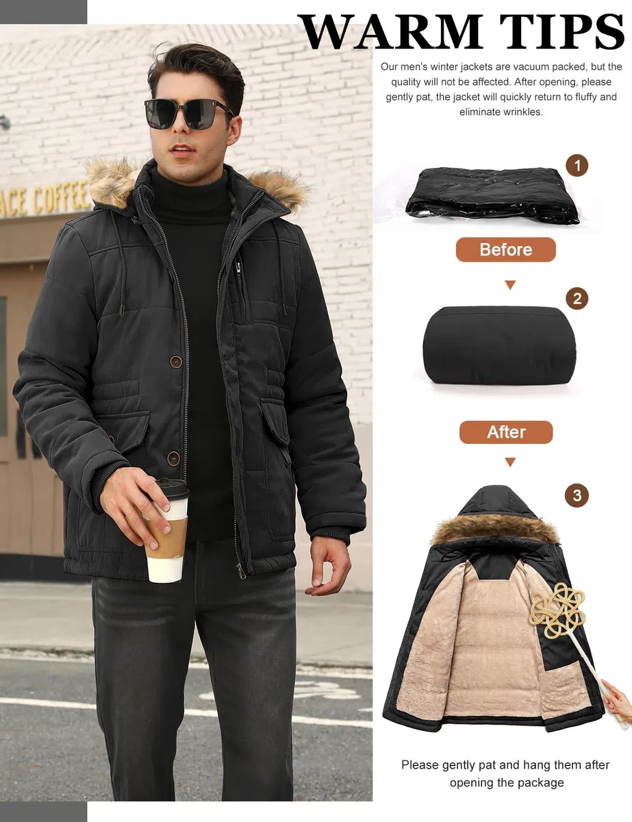 Homme Manteau D'hiver Veste Chaude Blouson À Capuche Fausse Fourrure Amovible Jacket Doublure Polaire D'extérieur Winter Décontractée Résistant Epaissé Avec Poches Coa
