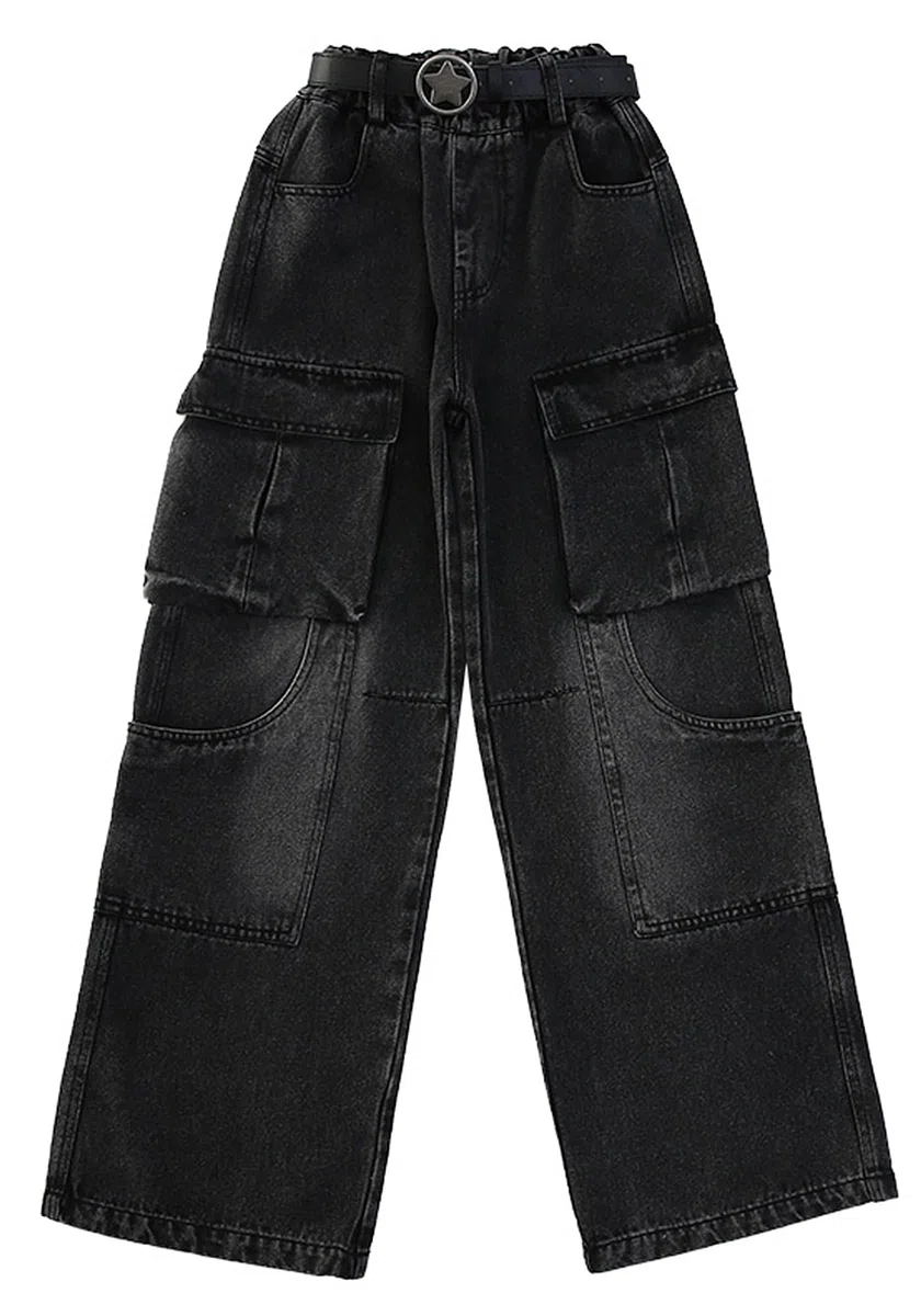 SEAUR Jeans Cargo Fille 5-16 Ans Mode Décontractés Y2K Pantalon en Demin Enfant Fille Jambe Large Jeans Ample Ados Fille