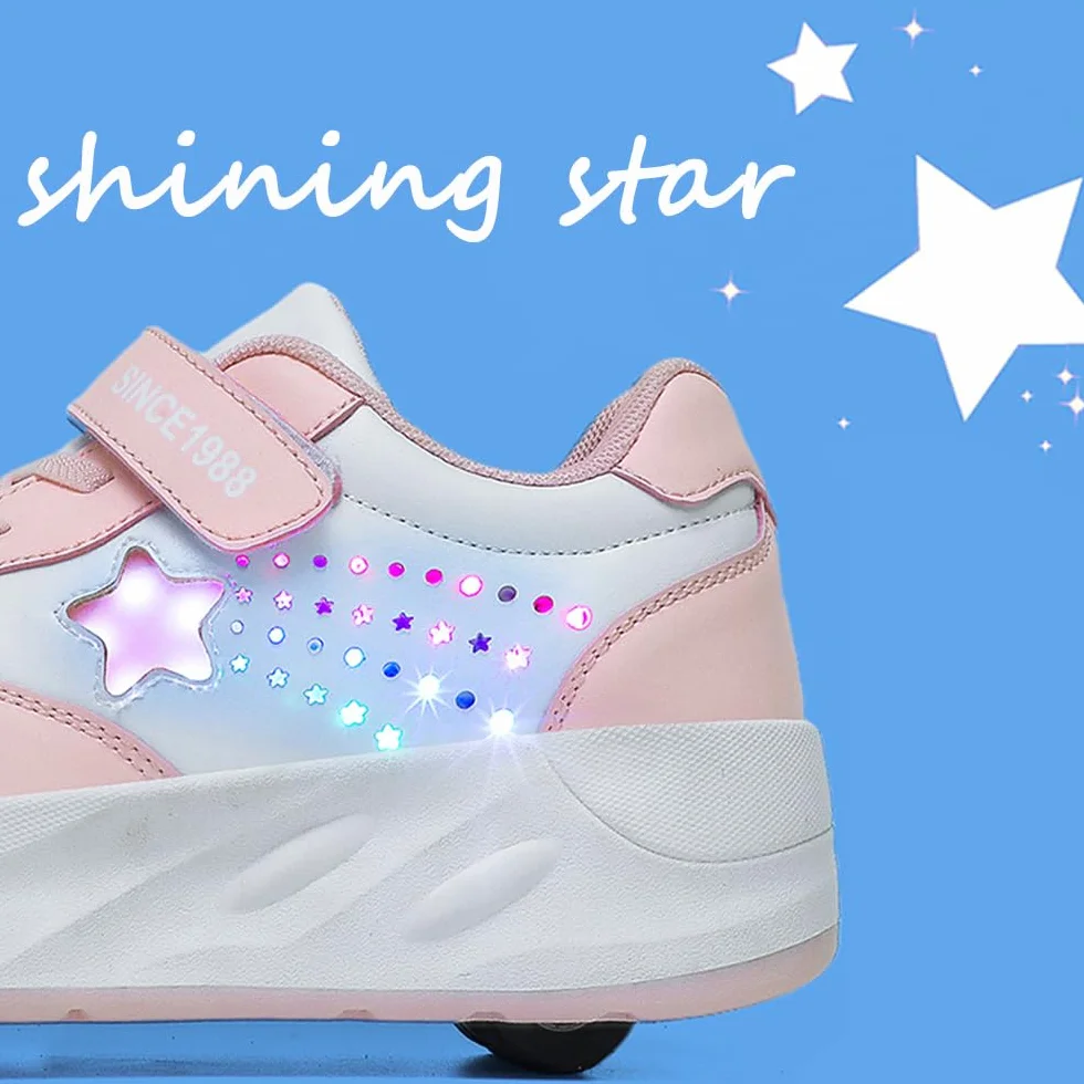 Mateju Chaussures à roulettes Enfant, Patins Baskets Étoile Brillante avec 4 roulettes Amovible pour Garçons Filles Chaussures de Skateboard Chaussures de Sport d'extérieur