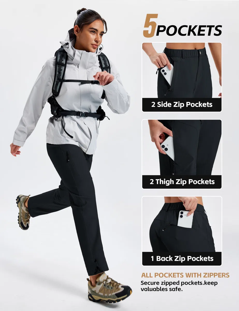 MoFiz Pantalon de Randonnée pour Femme Séchage Rapide Léger Cargo Pantalon Imperméable Respirant Multifonctionnel Montagne Pantalons avec Poche Zippée pour Casual Extérieur S-2XL