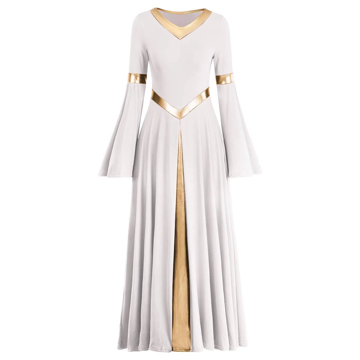 IMEKIS Women Liturgical Praise Dress Metallic Splice Lyrical Dance Dresses Long Sleeve V Neck Casual Pleated Swing Skirt Church Worship Prayer Gowns Ballroom Dancewear Costume