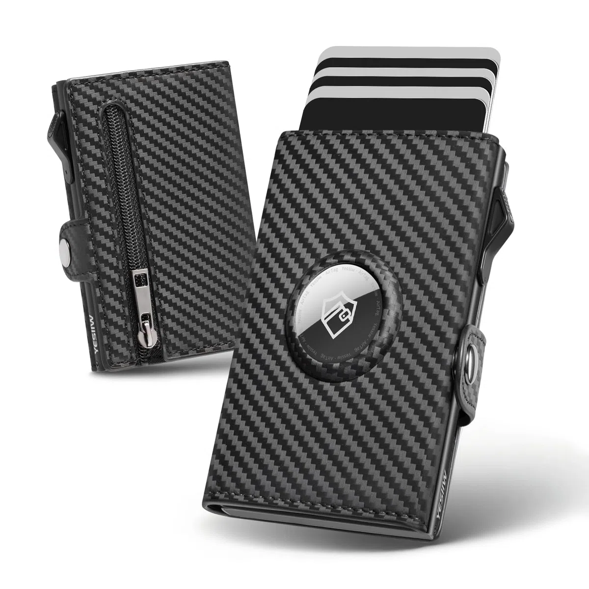 YESIIW AirTag Portefeuille pour Homme avec Blocage RFID, Compact Air Tag pour 12 Cartes, Porte-Monnaie Pop-up avec Compartiment à Monnaie et 2 fenêtres d'identité, Noir Carbone