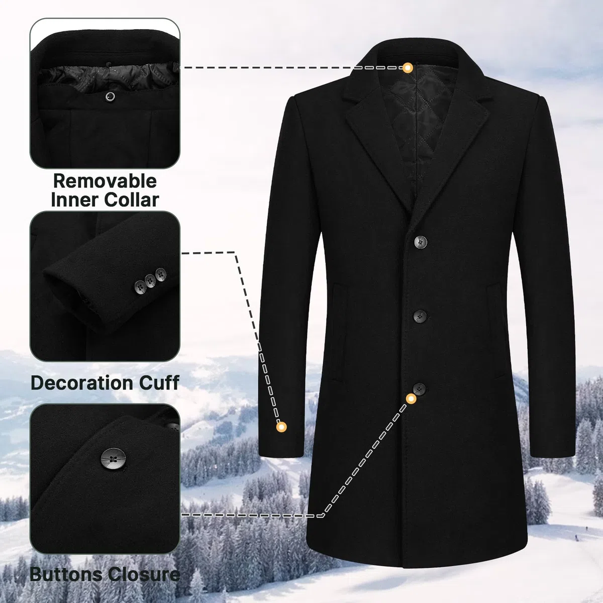 Manteau Homme en Laine à Capuche Amovible Chaud Long Trench-Coat pour Hiver Caban Parka Homme Slim Fit