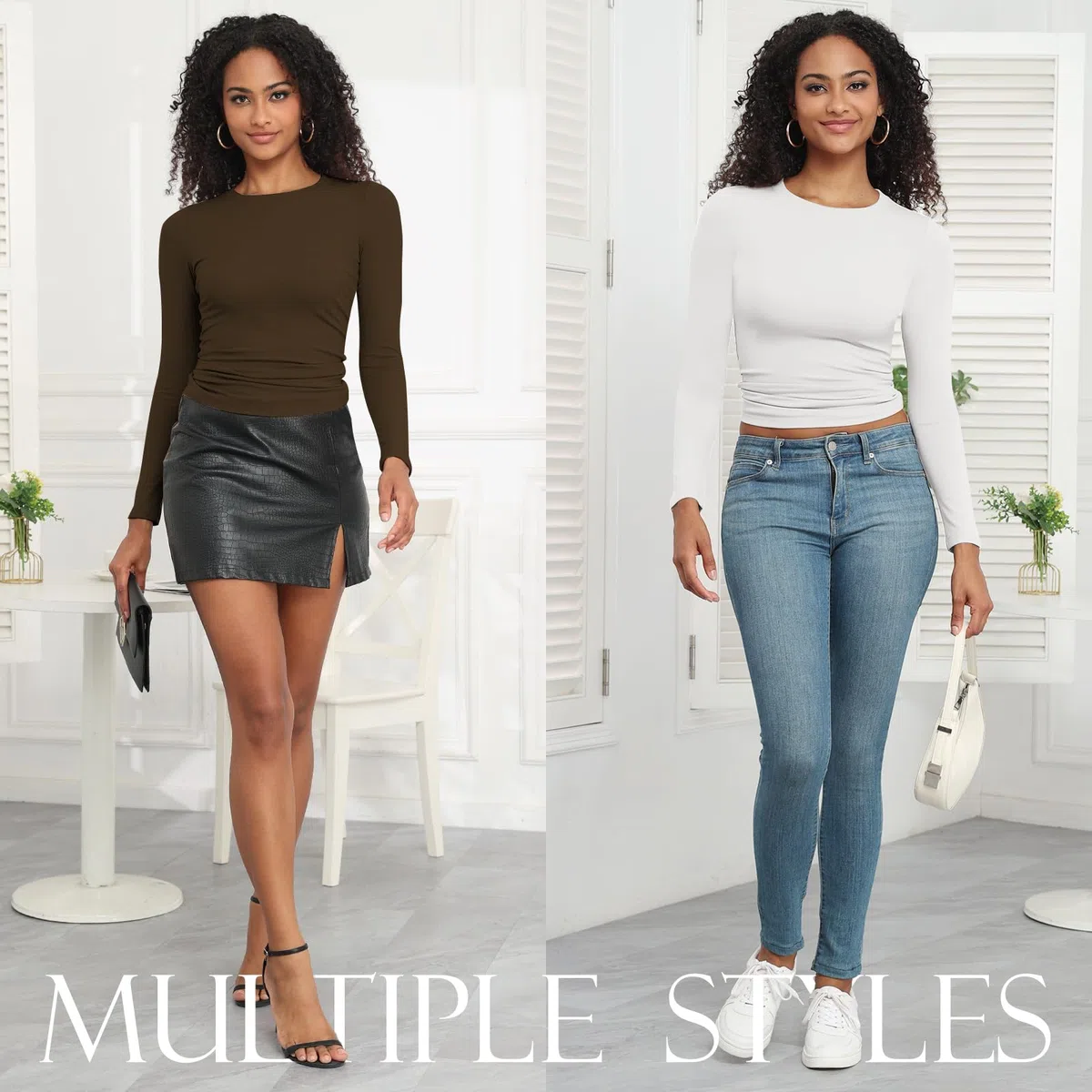 Lot de 5 Tee Shirt Hauts Essentiels à Manches Longues pour Femmes Coupe ajustée Extensibles Col Ras du Cou t-Shirts Respirants à Superposer