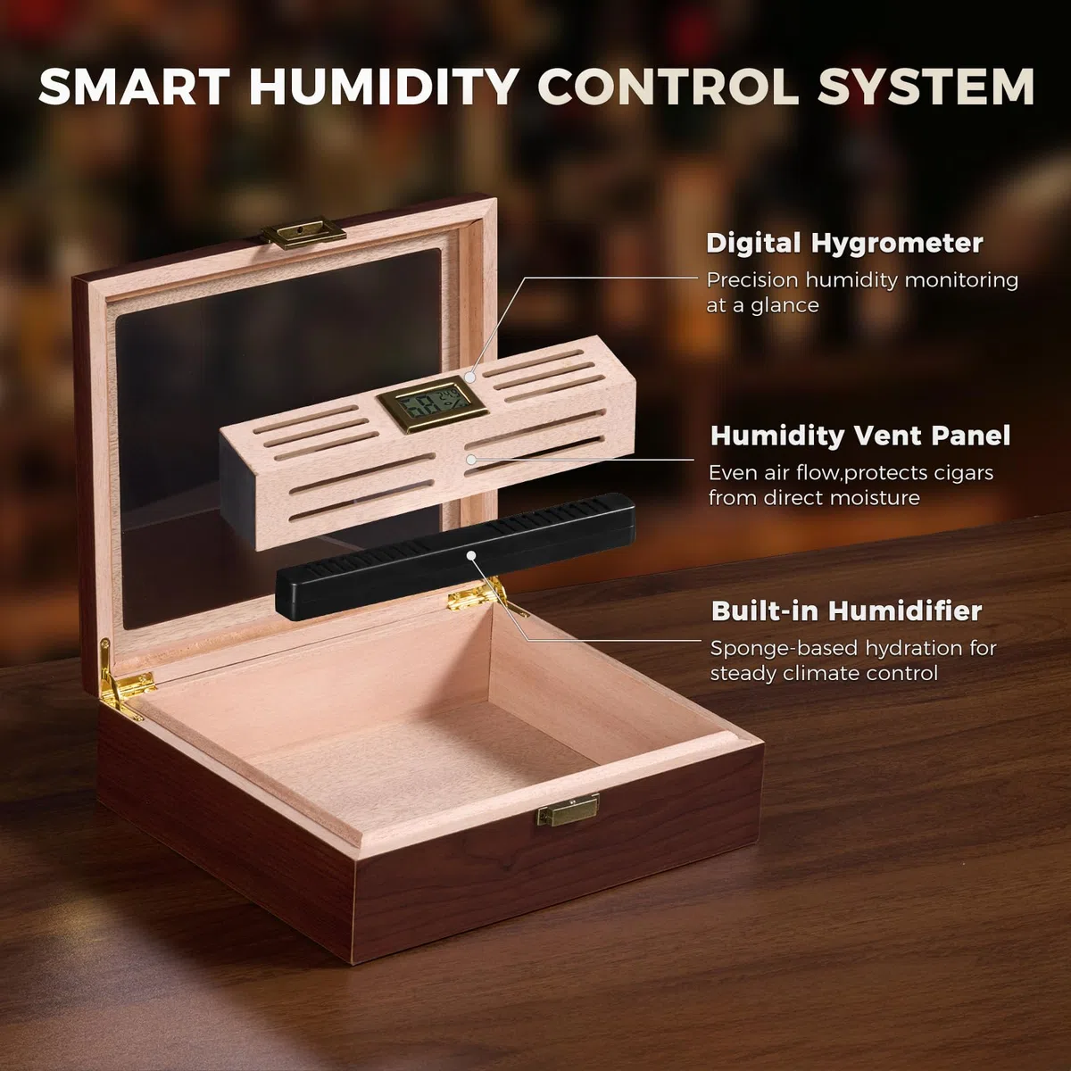 ProCase Cave à Cigares avec Hygromètre Numérique et Humidificateur, Boîte à Cigares avec Intérieur en Bois de Cèdre pour 20 à 25 pcs, Humidor Idéal pour Homme Amateur de Cigares Cubains -M