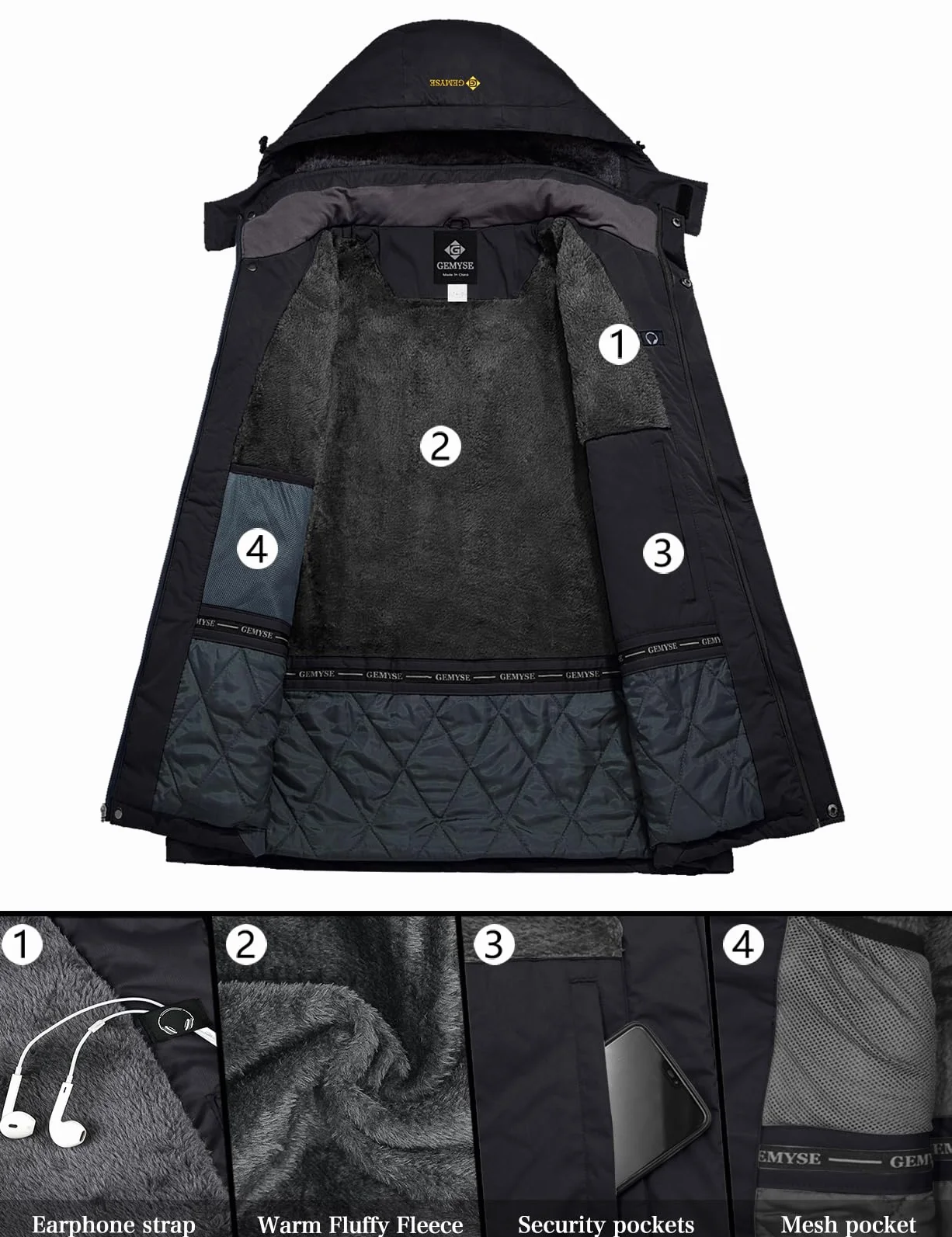GEMYSE Homme Veste de Ski Imperméable de Montagne Manteau d'hiver Extérieur en Polaire Coupe-Vent avec Capuche(Noire,M)