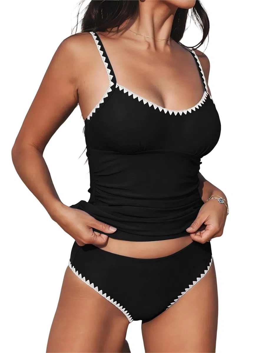 Maillot de Bain 2 Pièces Femme Tankini Push-Up Bikini Deux Pièces Col U Élégant Haut avec Bas de Maillot de Bain Swimwear de Plage Beachwear Été
