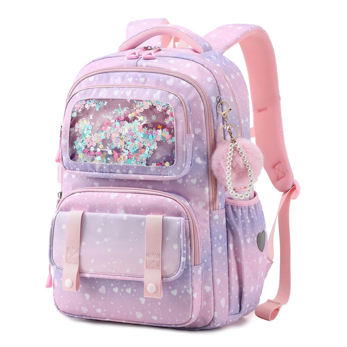Sisipoet Sac à Dos Enfant Fille, Cartable Fille Primaire, Sac a Dos à Paillettes et Coeurs, Sacs à Dos Loisir Imperméable et Respirant avec Pompon pour L'école et Les Loisirs