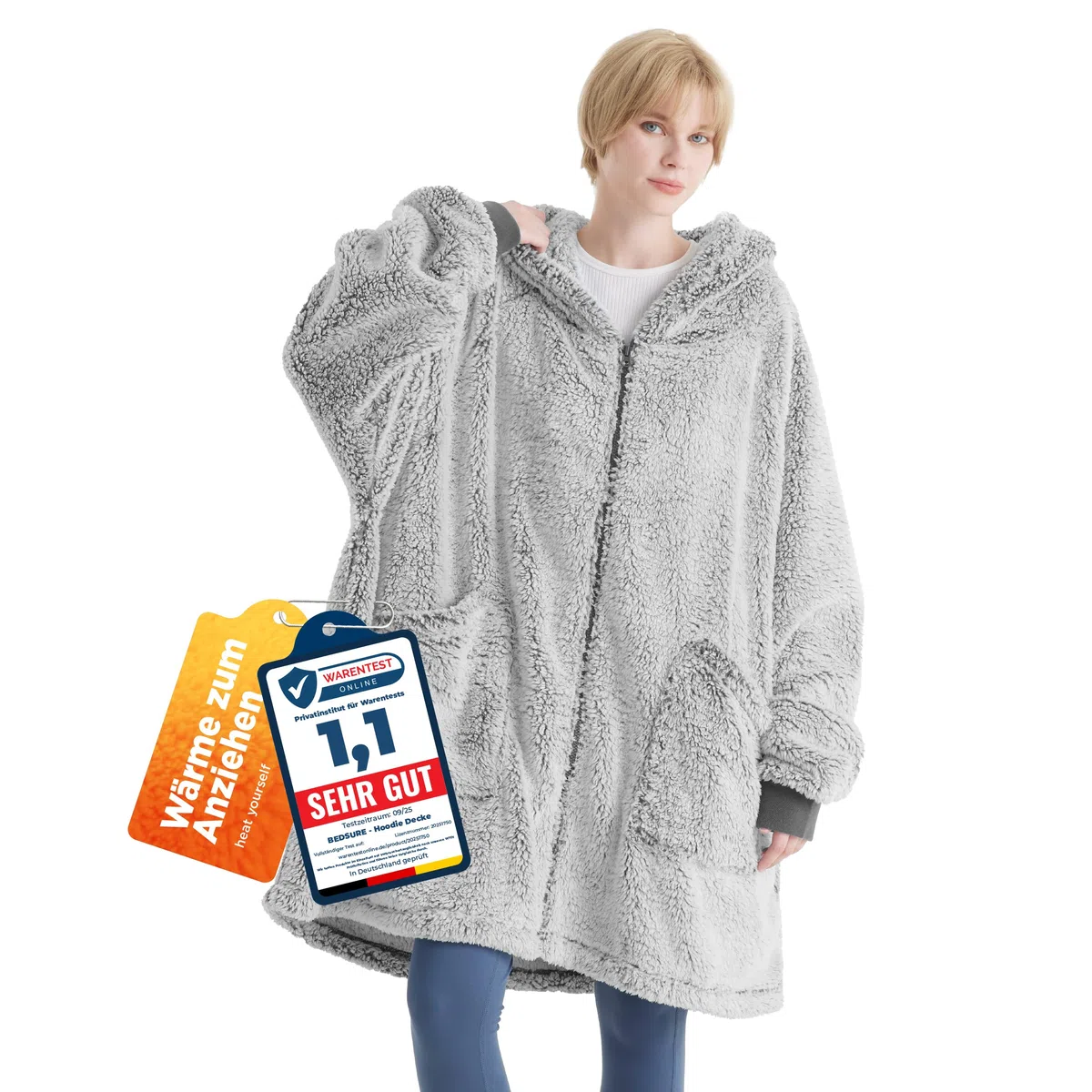 Bedsure Couverture à capuche avec manches Sherpa - Couverture douillette avec manches - Pull douillet - Couverture portable - Cadeau pour femme, Gris, 100x78 cm