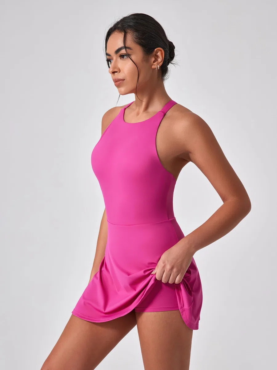 IDOPIP Robe de tennis pour femme - Avec soutien-gorge intégré et short - Poche croisée dans le dos - Robe de sport pour fille - Robe d'entraînement décontractée - Robe débardeur - Entraînement