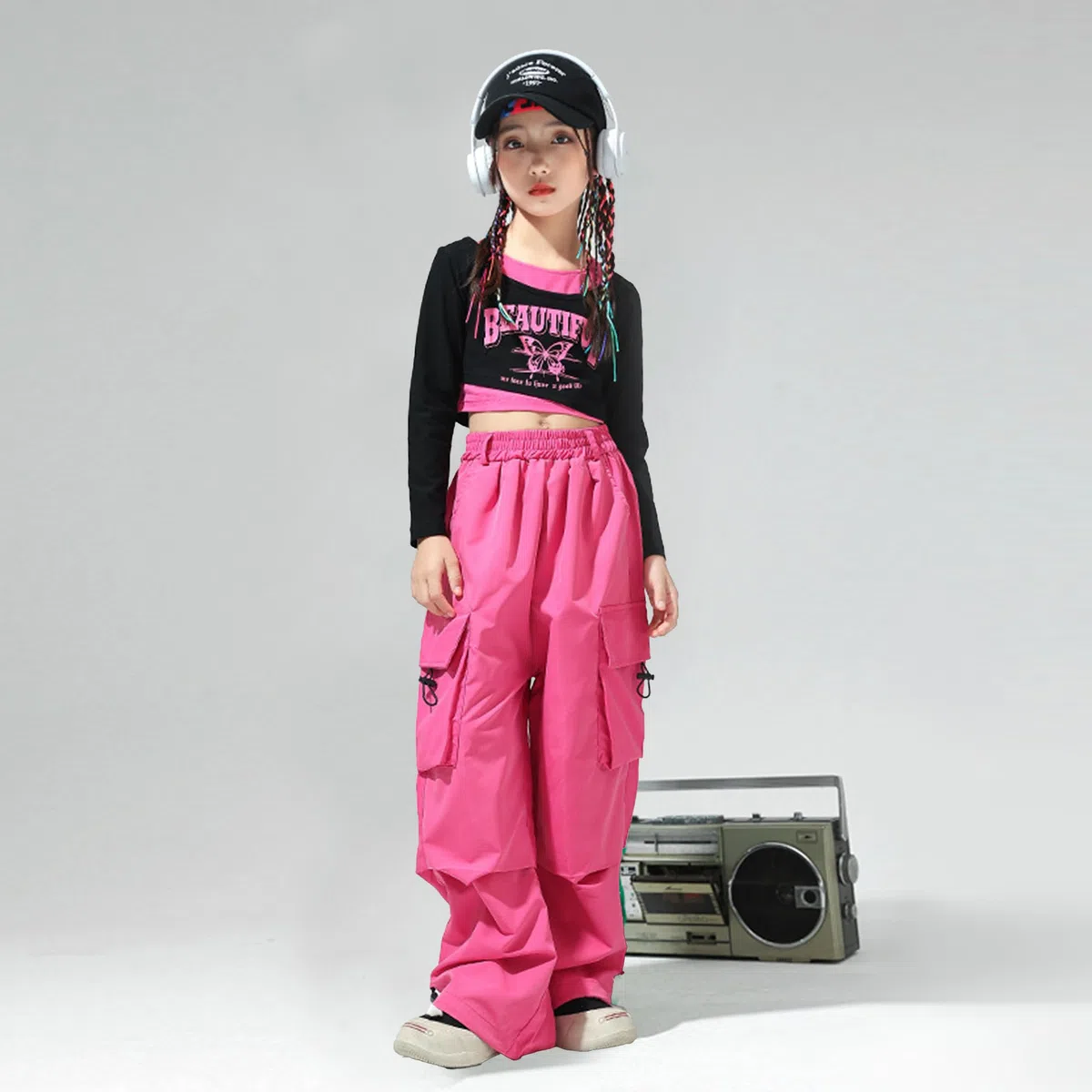 LOLANTA Ensemble Hip Hop Fille, Haut Court Imprimé & Pantalon Cargo, Tenue de Danse Tendance, Streetwear