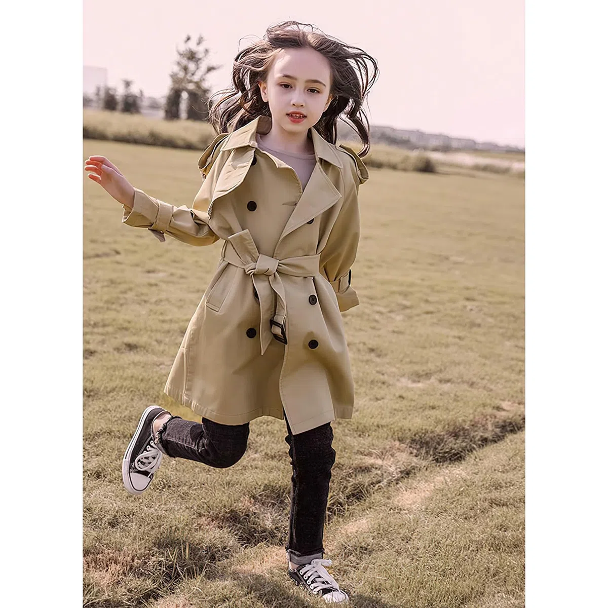 amropi Filles Trench-Coat Coton Automne Veste Single Breasted Trench Manteau pour 4-17 Ans