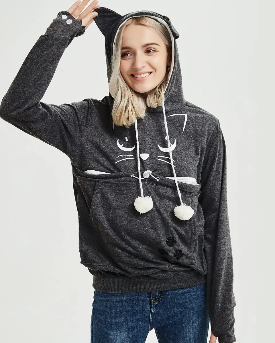 Femme Sweat à Capuche avec Poche pour Chat - Super Confortable Casual Sweatshirt Hoodie Manches Longues Lâche Pull à Capuche pour Automne Hiver Tops