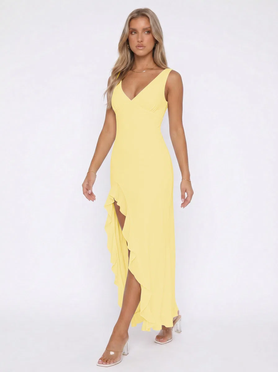 Robe Femme Chic et Elegant sans Manches Col V Maxi Robes en Maille Sexy Robe Longue Moulante d'Été avec Fente et Volants Casual Dos Nu Robes de Soiree Cérémonie Mariage Invité Cocktail Bal