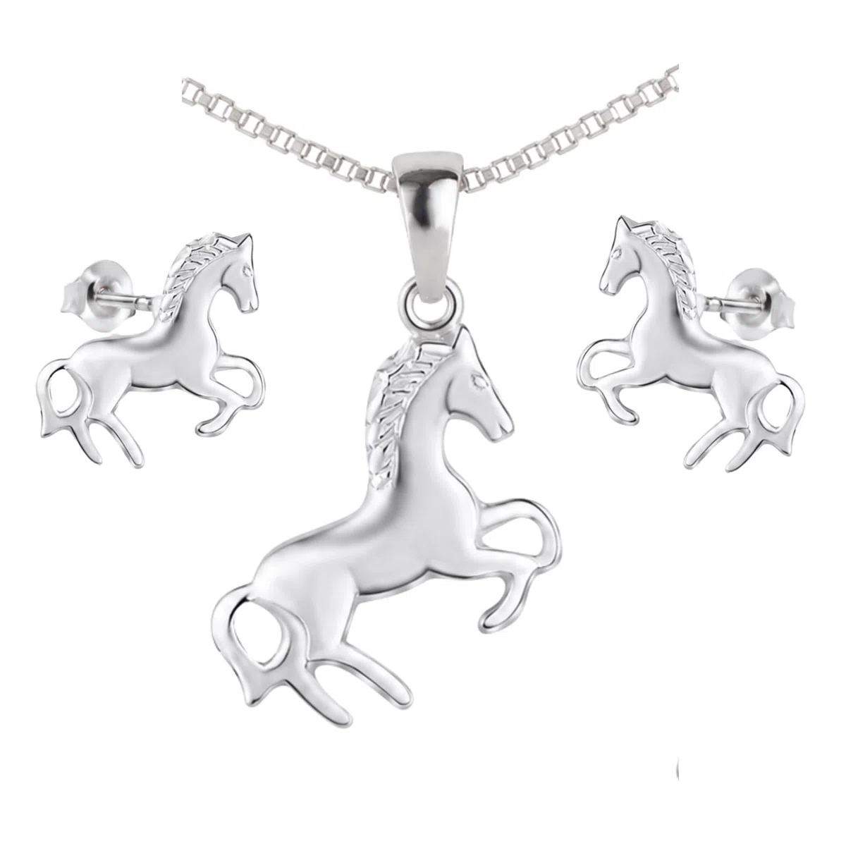 Pendentif avec chaîne et boucles d'oreilles pour enfant en argent 925 - Cheval poney - Dans un étui à bijoux
