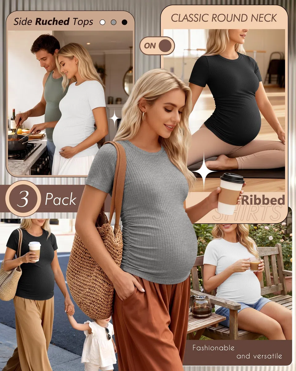 Ficerd Pack de 3 Chemises de Grossesse en Coton, Manches Courtes, Plissé Latéral, Tissu Rayé