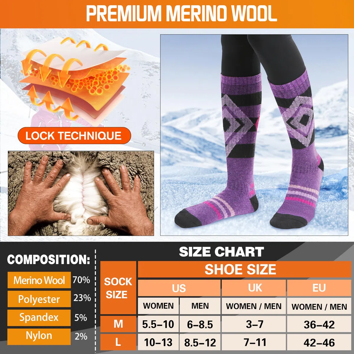 Welwoos Chaussettes de ski en laine mérinos, thermiques, épaisses, de compression, respirantes, en 3 paires.