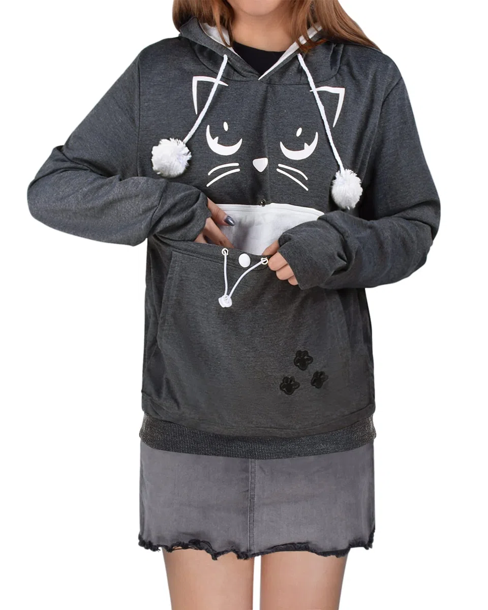 Femme Sweat à Capuche avec Poche pour Chat - Super Confortable Casual Sweatshirt Hoodie Manches Longues Lâche Pull à Capuche pour Automne Hiver Tops