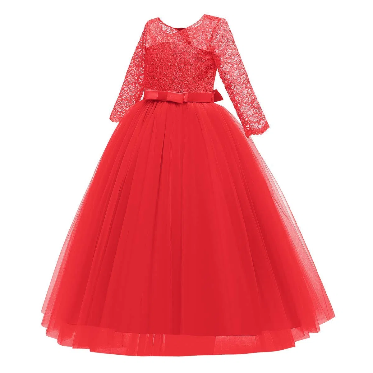 IWEMEK Enfants Fille Robe de Carnaval Princesse Longue en Dentelle avec Bowknot Demoiselle d'honneur Robe de Soirée Mariage Robe de Première Communion Anniversaire Fête Photographie 2-14 Ans