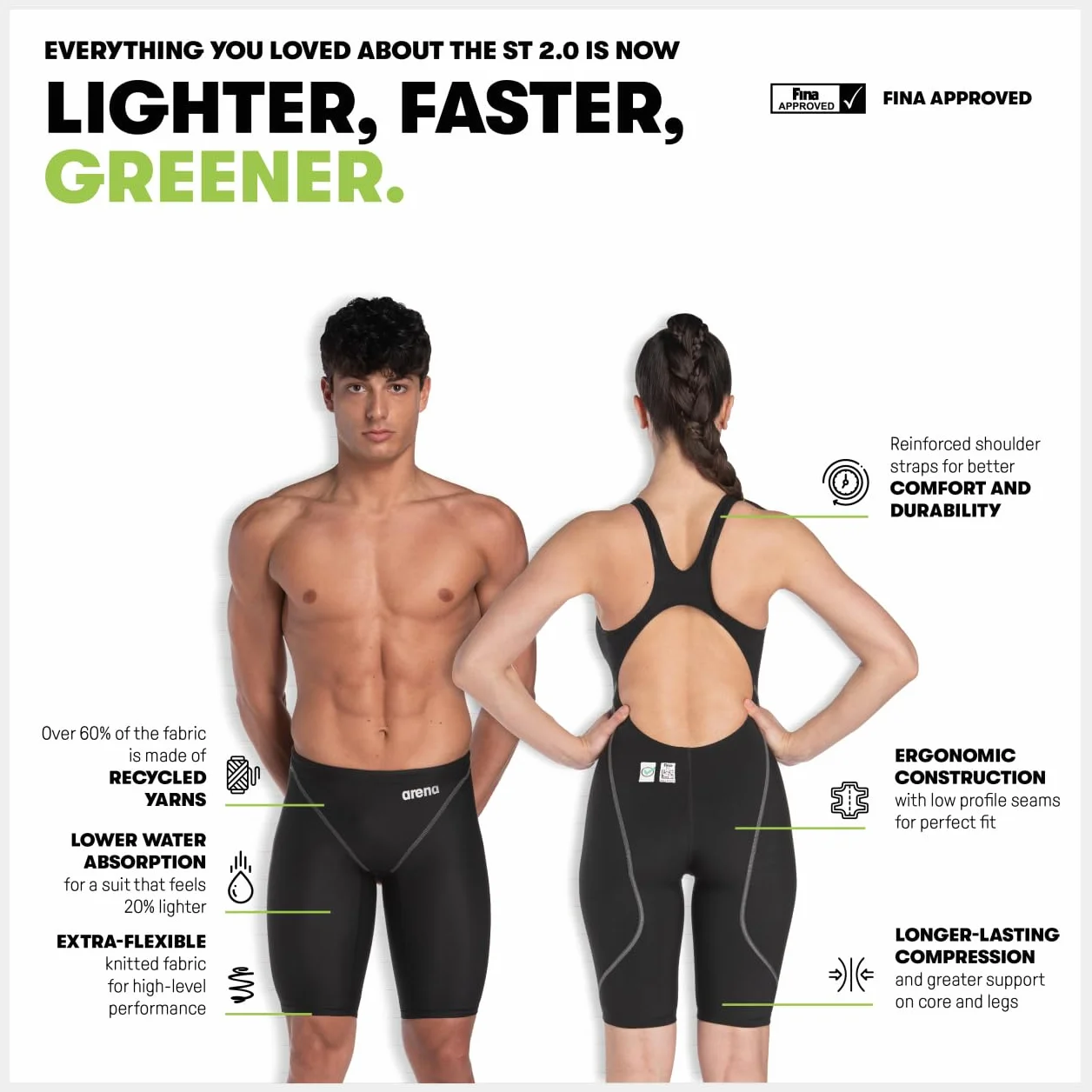 Arena Powerskin St Next Maillot de Bain Une Pièce Fille, Maillot de Bain Approuvé par la FINA, Maillot de Bain en Tissu Recyclé pour Fille, Maillot de Bain Une Pièce Doublé avec Bretelles Renforcées