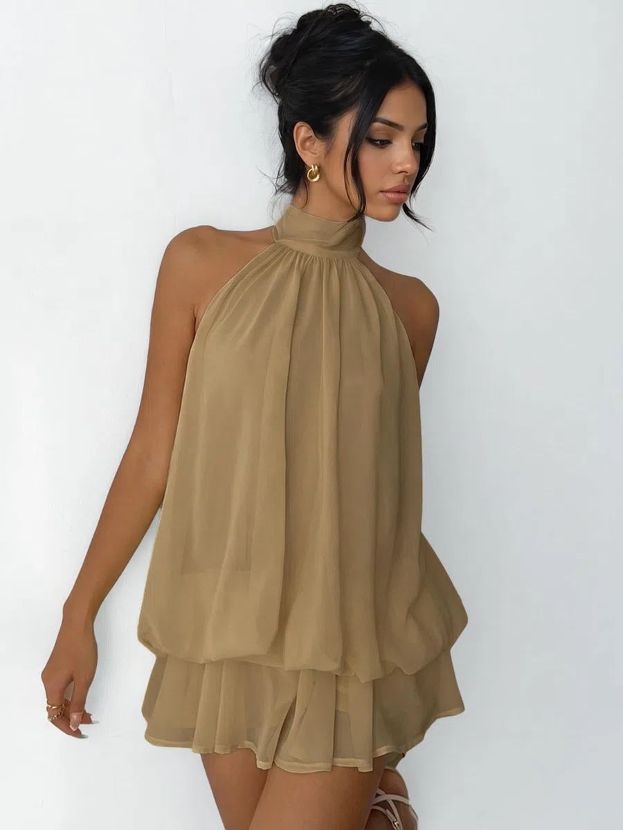 Robe Femme Chic et Elegant Été Robes Courte Ample Col Halter sans Manches Sexy Mini Robe Dos Nu à Nouer Casual Robes en Mousseline Volants Fluide Dresses pour Soirée Clubbing Plage Vacances