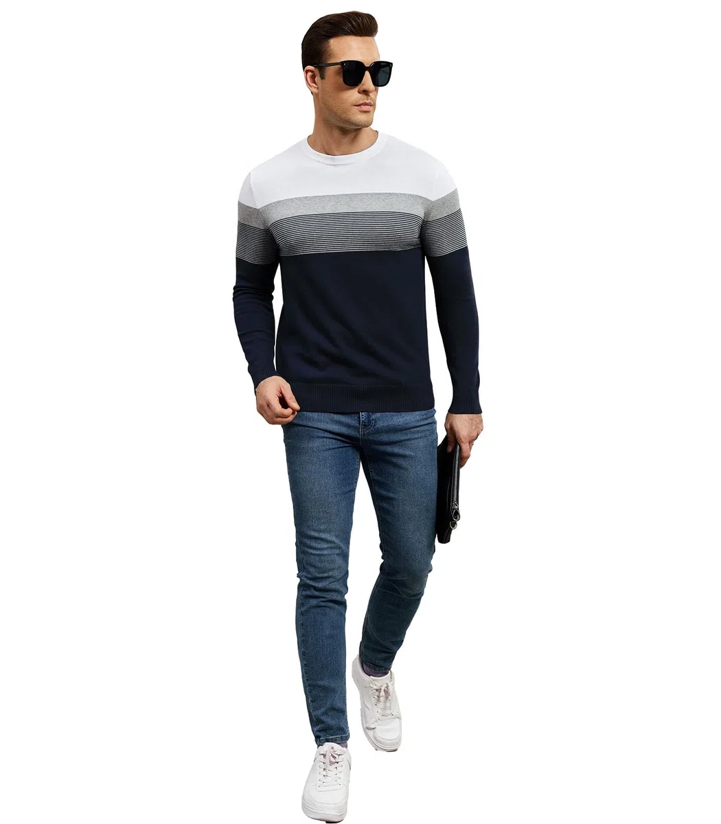 Genfien Hommes Pull à Col Rond et Manches Longues Chaud Pulls en Tricot Rayé Decontracté Sweater Casual 100% Coton
