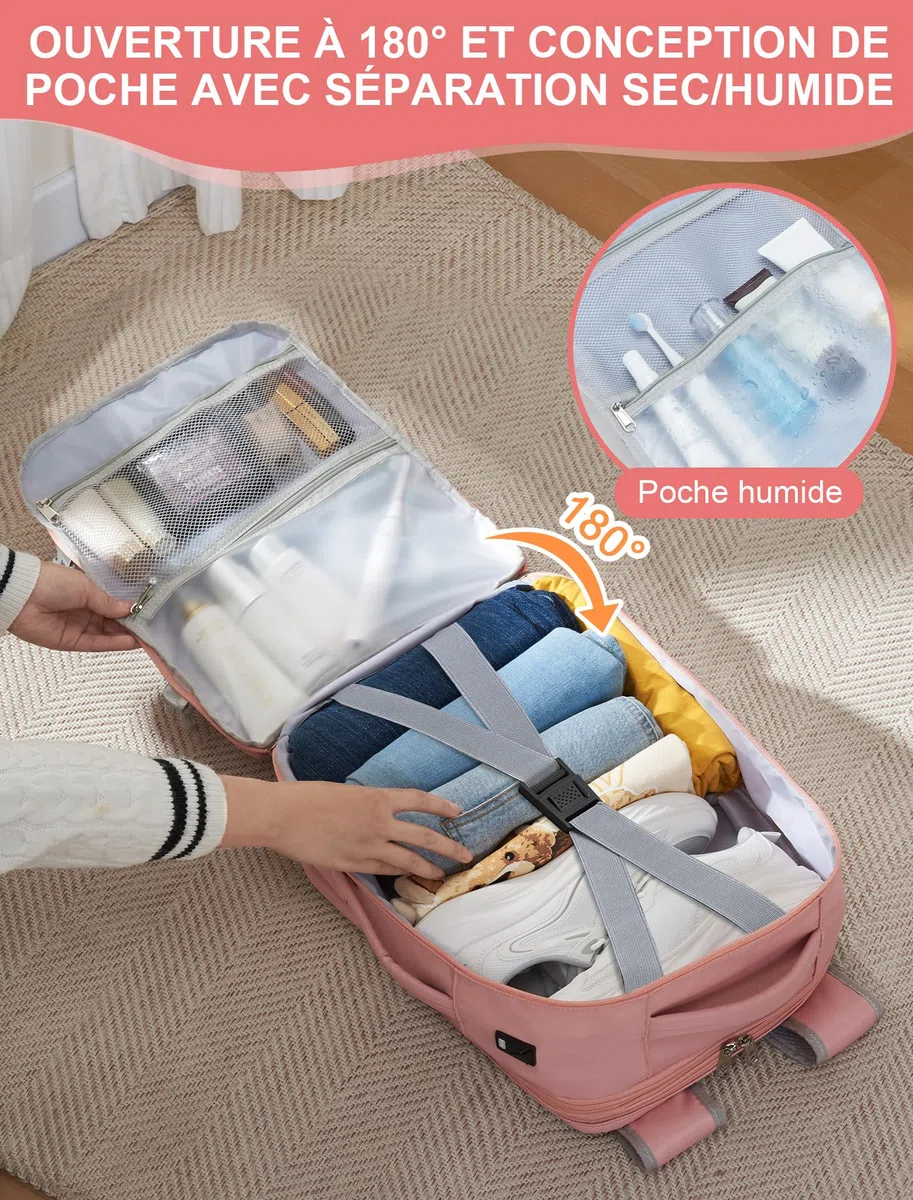 Sac a Dos Voyage Cabine Avion 40x30x20 Bagage Cabine 24L-30L Évolutif | Sac à Dos Avion pour Transavia Ryanair Vueling Wizz Air,Sous Siège Bagage à Main 15.6'' Ordinateur Portable Homme Femme Rose