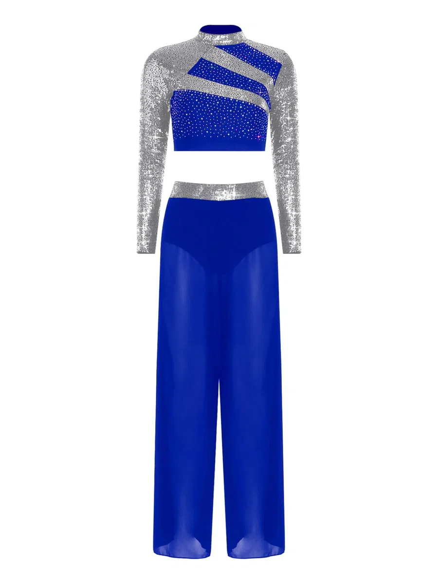Femme Robe Danse Lyrique Contemporaine Latin Dance Costume Crop Top Pantalon Large Combinaison Gymnastique Rythmique avec Strass Paillettes Tenue Patinage Artistique