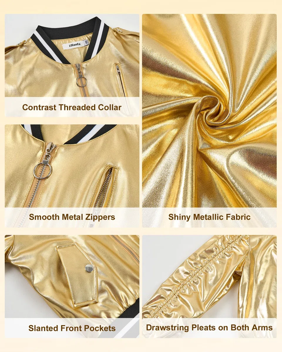 LOLANTA Blouson Bomber Métallique Brillant pour Fille, Veste Holographique Y2K Style Futuriste pour Halloween et Carnaval, 4-12 Ans