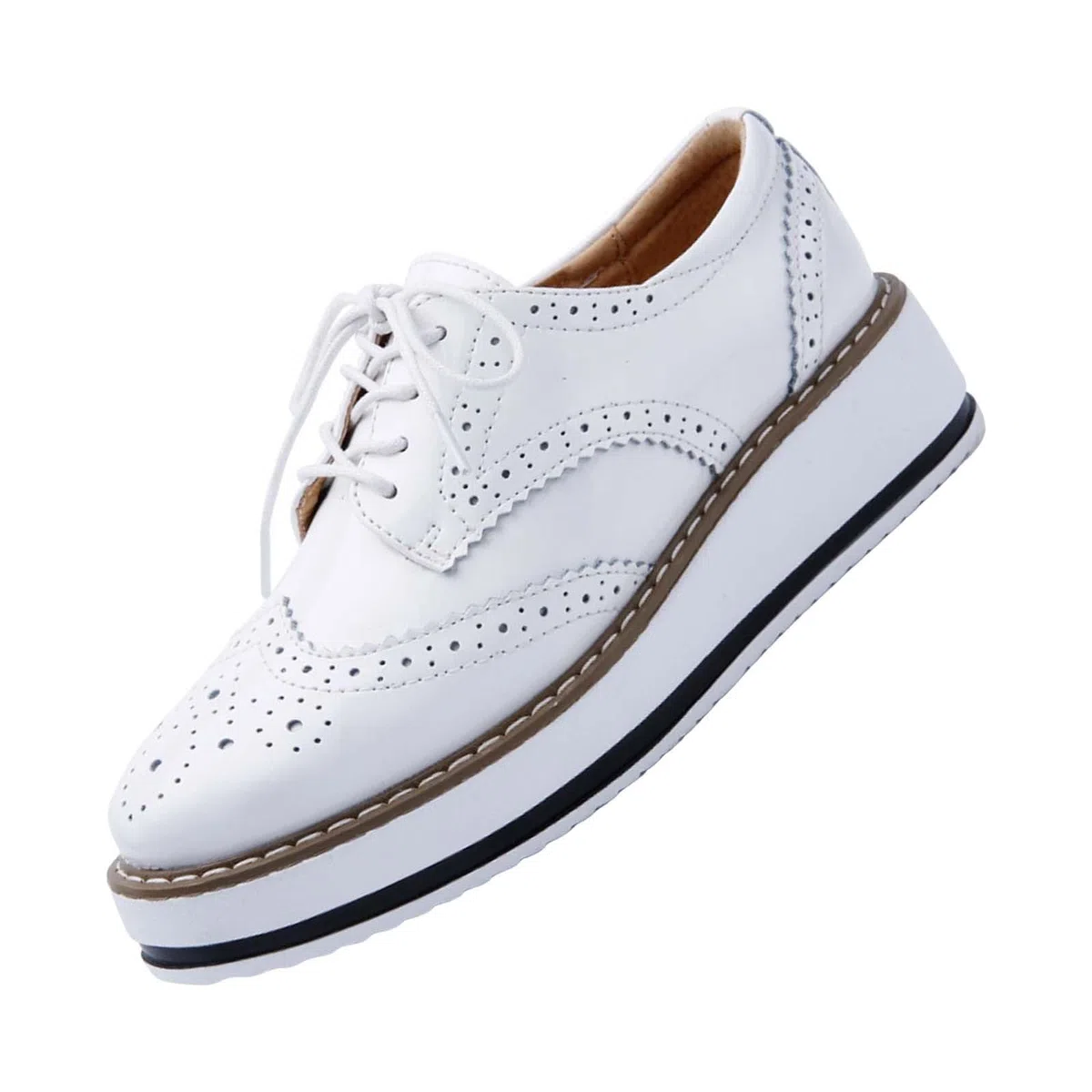 Chaussures Oxford à plateforme pour femme - Style classique - En cuir épais - Bout rond - Chaussures compensées à lacets - Respirantes et confortables - Brillantes