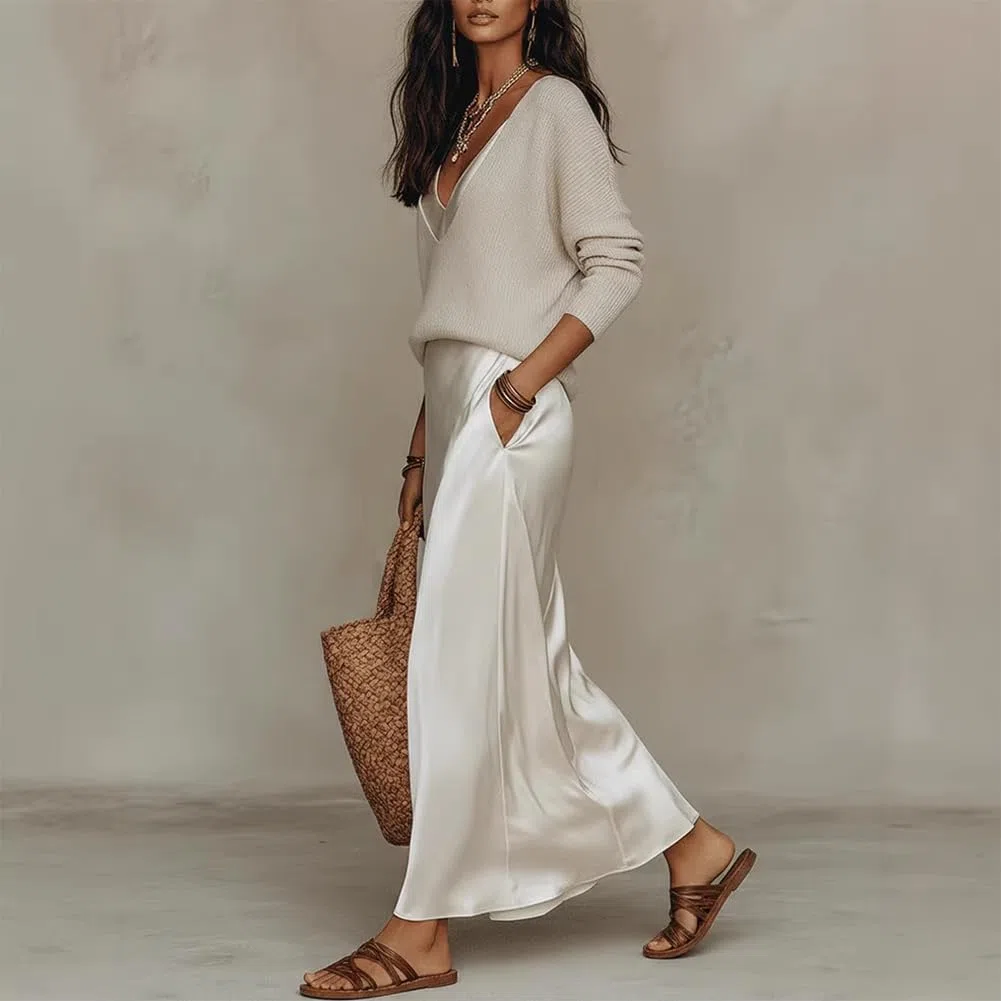 Générique Ensembles D'été 2 Pièces Pour Femmes : Hauts En Maille À Col En V Et Robes Maxi En Satin, Parfaits Pour Les Invitées De Mariage Et Les Soirées